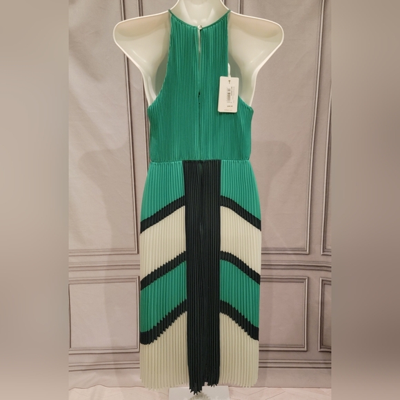 TED BAKER Nellina Pleated Midi Dip Asymmetrical Hem Green Color Block Dress $395 - Picture 8 of 17